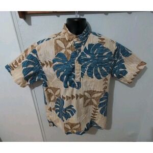 Vintage Hilo Hatties Aloha Shirt Made in Hawaii Mens M Blue Monstera Tiki Cotton